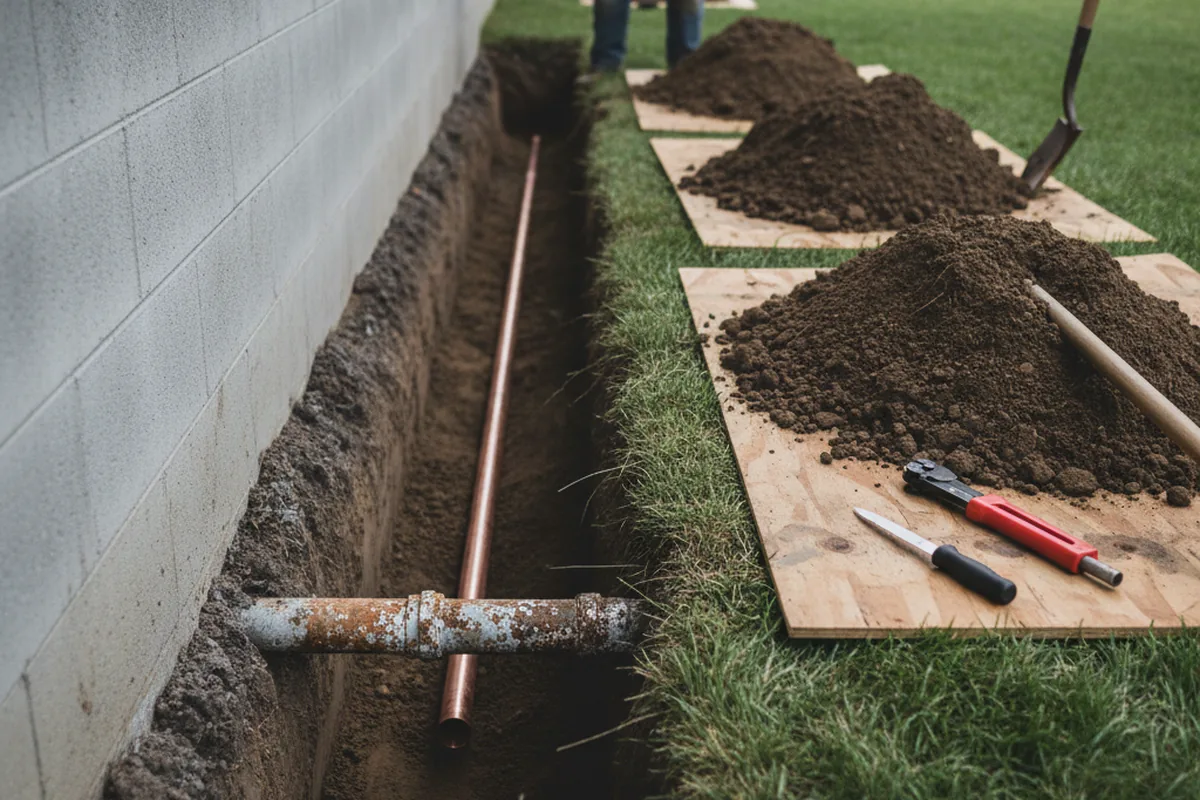 Excavated water line trench during Water Softener Installation in Aquashicola